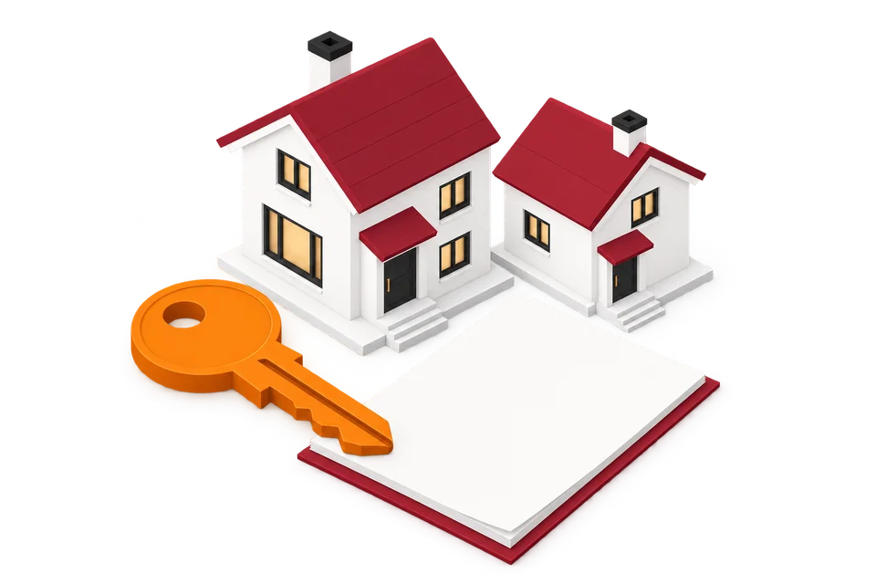 暮らしと契約を表す建物と鍵のアイソメイラスト