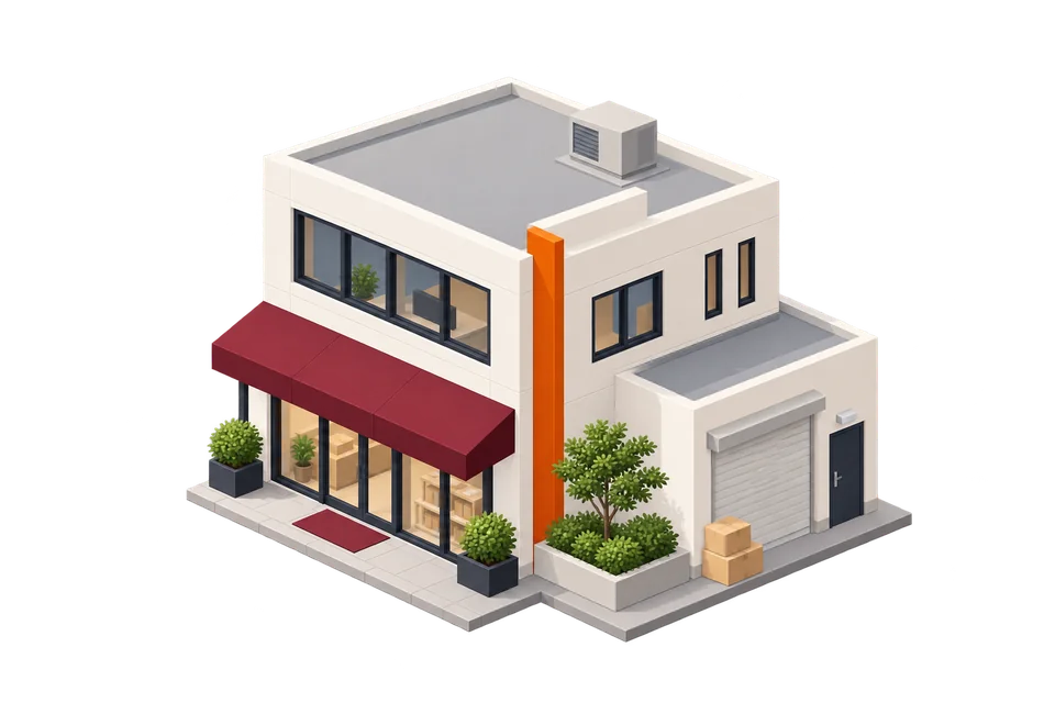 会社と商取引を表す店舗のアイソメイラスト